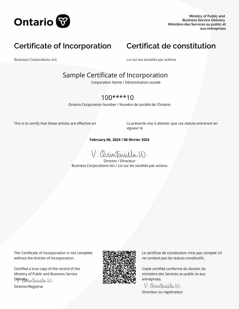 Ontario Certificate of Incorporation sample