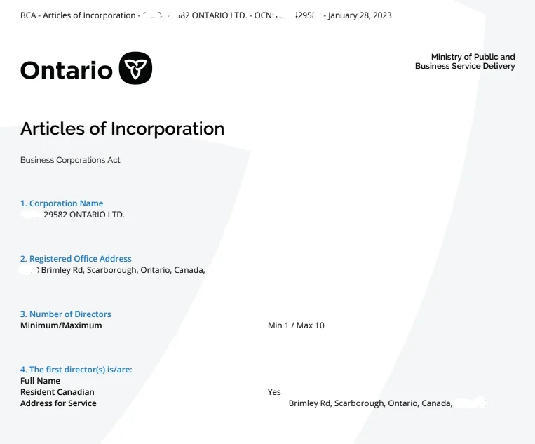 Ontario Standard Articles of Incorporation