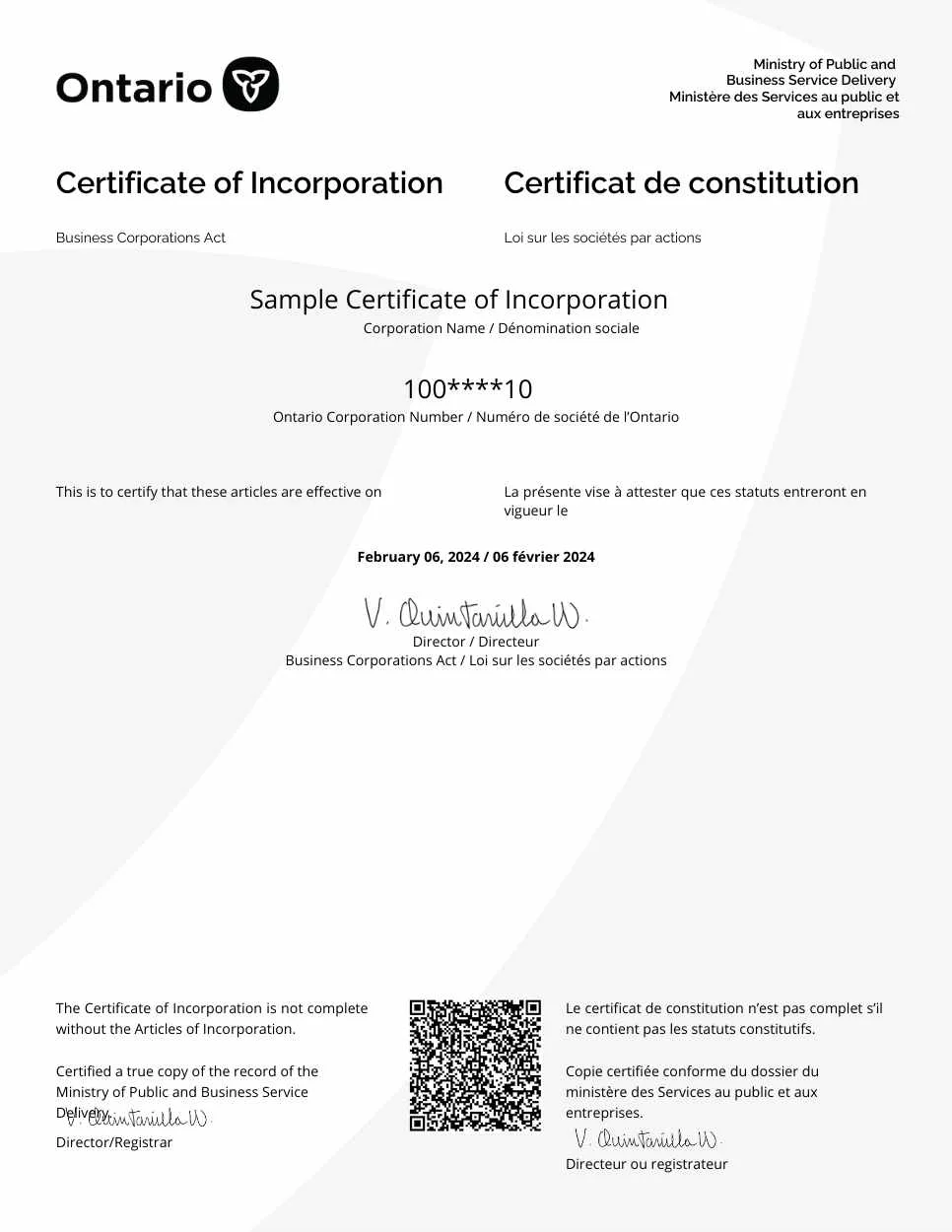 Ontario Certificate of Incorporation sample